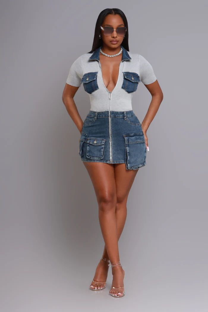 Abito in denim aderente sexy con tasca e cerniera a maniche corte, da donna_voghion.com