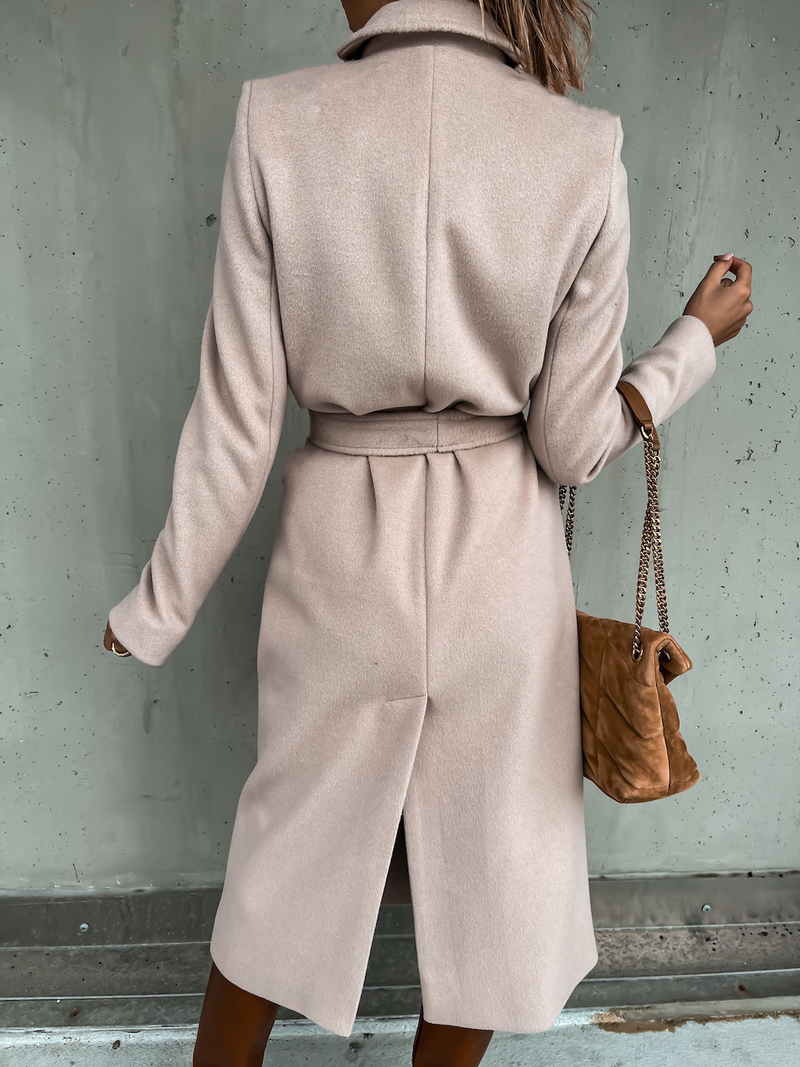 Damen-Trenchcoat aus Wolle mit einfarbigem Revers und langen Ärmeln und schlichter Schnürung_voghion.com
