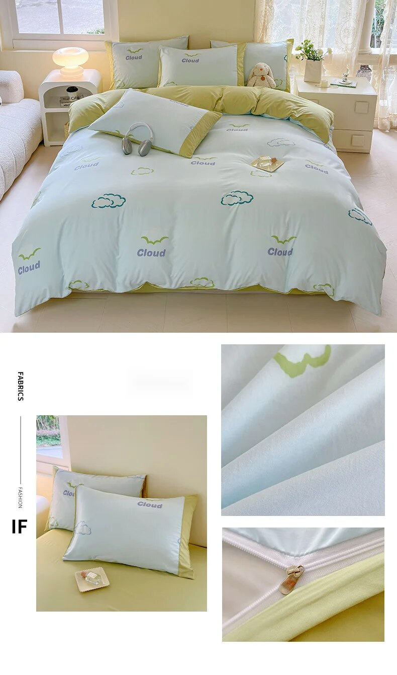 Set di tre pezzi di biancheria da letto per dormitorio a quattro molle di classe A, lenzuolo e copripiumino stampati con cartoni animati minimalisti_voghion.com