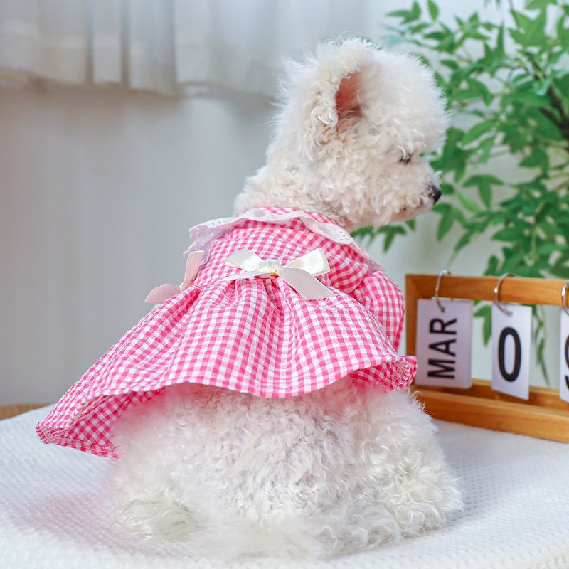 Pet Circle Dog Clothing Cat Clothes Bowknot Lace Collar Edge Black And White Plaid Princess Heart Pearl Dress_voghion.com