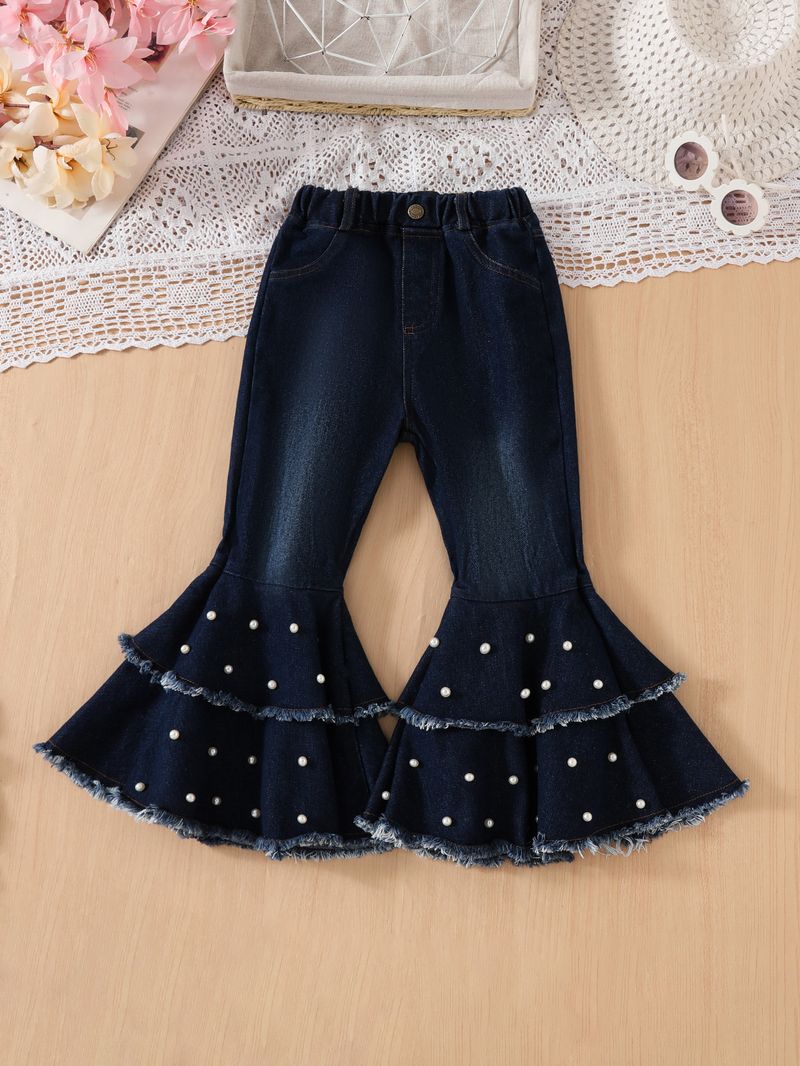 Mutter & Kind T-Shirt mit Puffärmeln, Jeans-Schlaghose mit Perlenbesatz, zweiteiliges Set_voghion.com