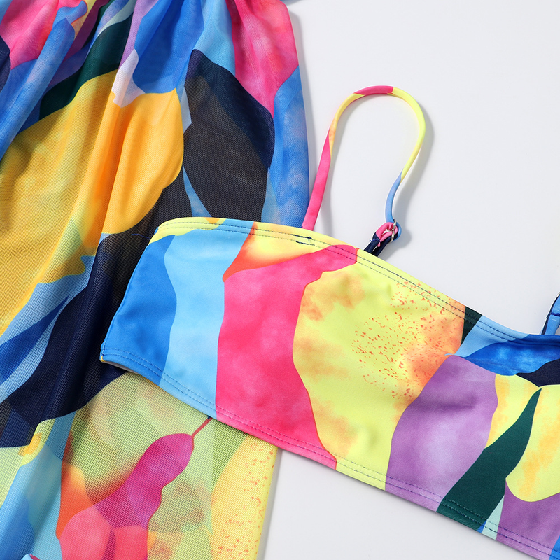 Traje de baño para mujer Top up, malla, conjunto de bikini triangular de tres piezas para mujer, nuevo traje de baño dividido sexy estampado_voghion.com