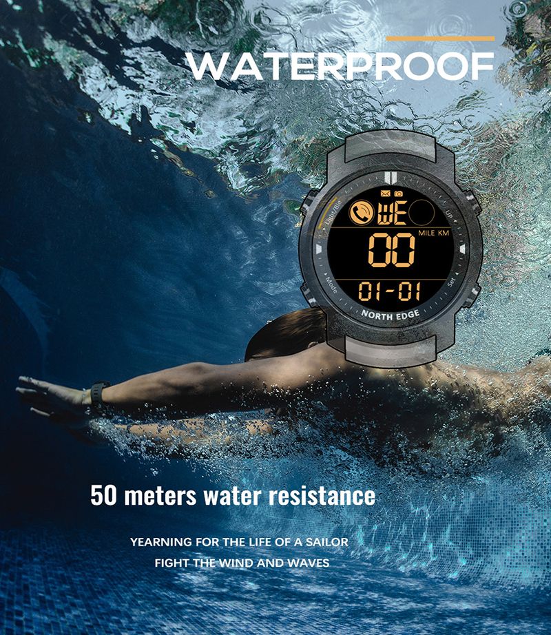 NORTH EDGE Men's Digital Watch Military Waterproof 50M Running Sports Pedometer Stopwatch Watch Heart Rate Wristband Android IOS_voghion.com