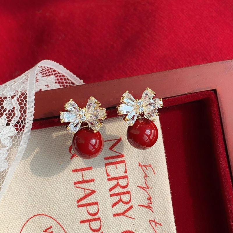Festive Red Bow Bead Stud Earrings Niche Retro Temperament Earrings_voghion.com