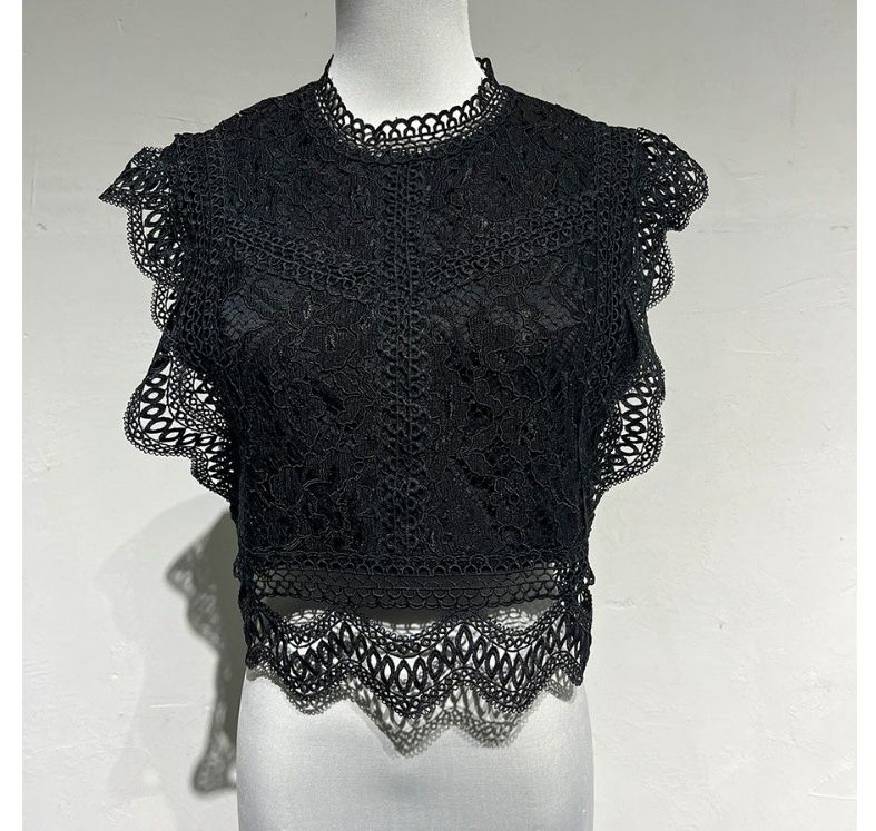 K Sexy Lace Sheer Solid Color Geometric Pattern Women's Top Ruffled Chiffon Blouse_voghion.com