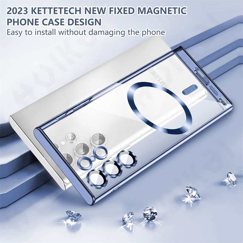 Magsafe kotelo Samsung S23 S22 S21 Ultra Plus Note 20 10 kirkkaalle silikonille, koko kameran kristallimagneettinen autosuojus_voghion.com