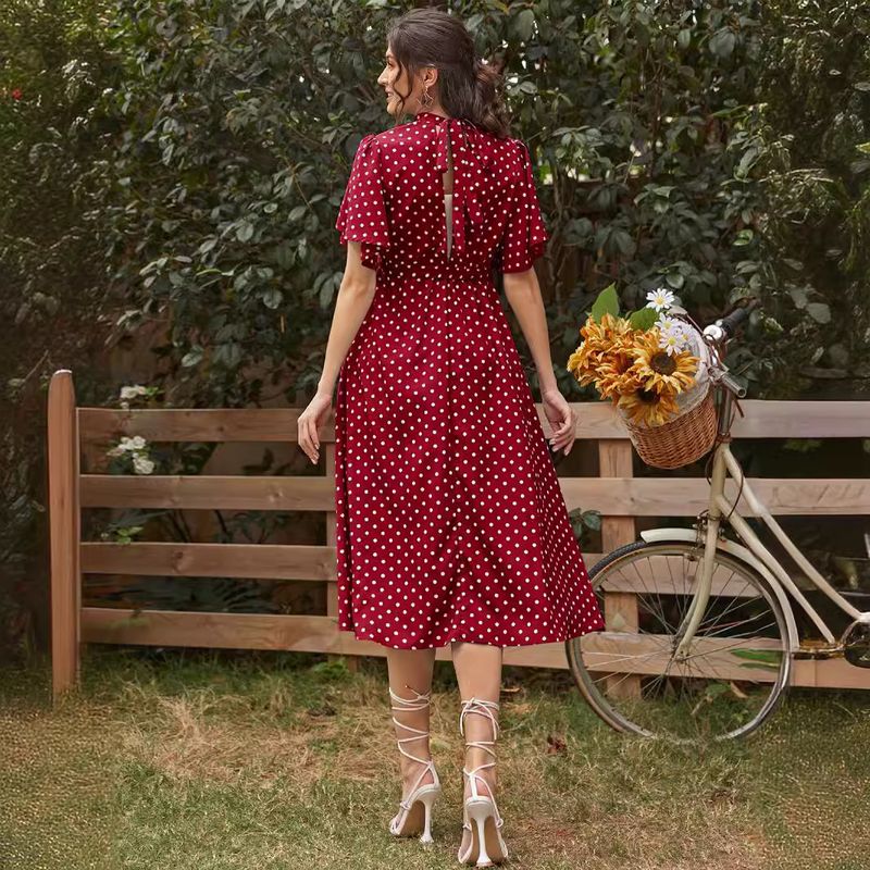 Abito premaman alla moda e comodo in chiffon a pois a maniche corte con spalline_voghion.com