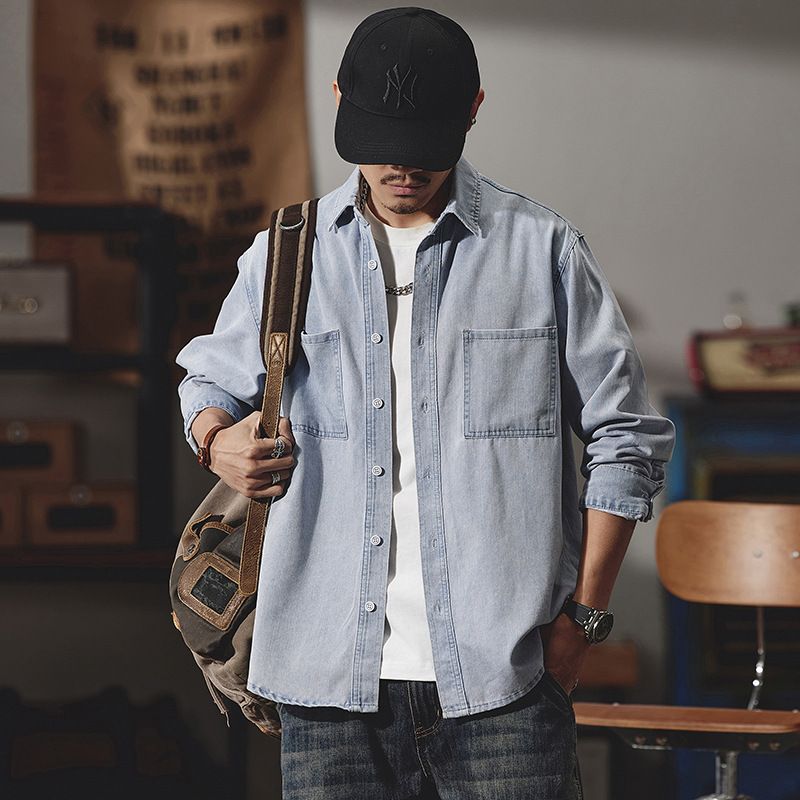 Chemise en jean pour homme, nouvelle collection printemps-été, ample et simple, style japonais, grande taille, couleur unie_voghion.com