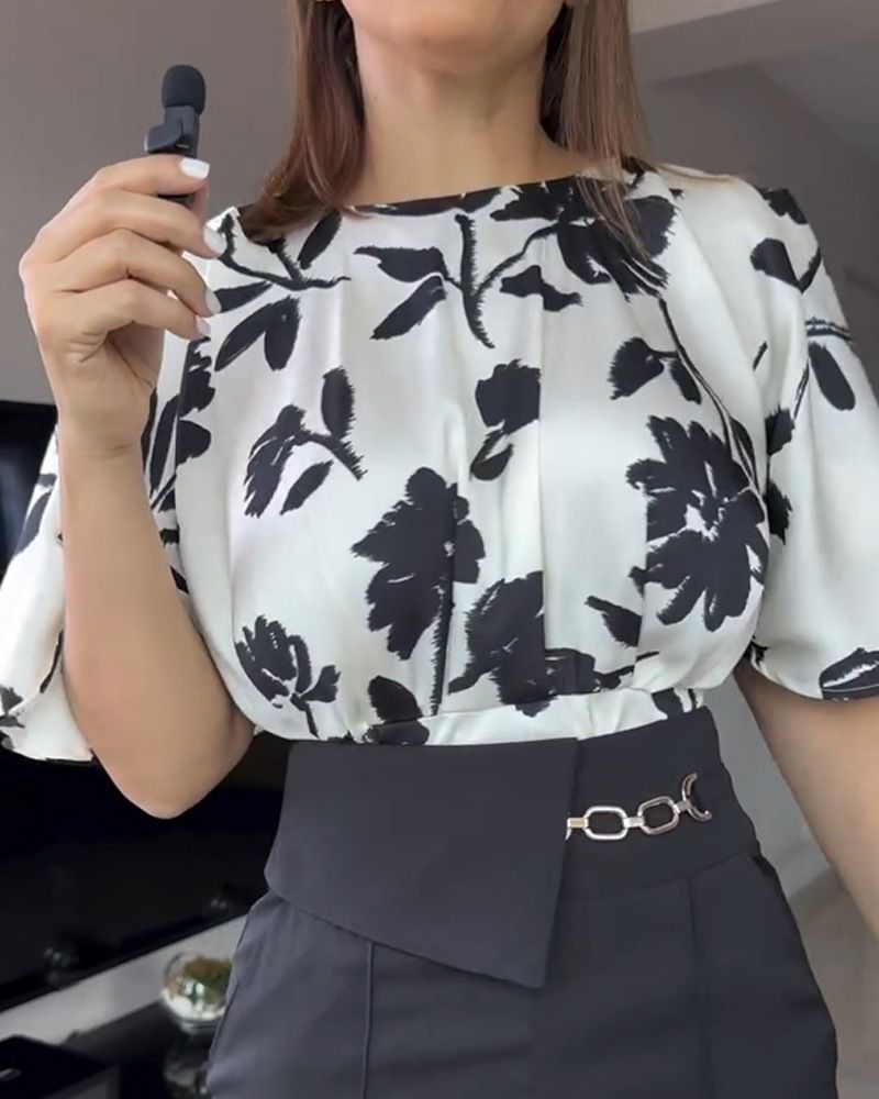 Pantaloni casual da pendolare a vita alta, in raso nero retrò, con maniche a tromba e stampa floreale su tutto il corpo, da donna_voghion.com