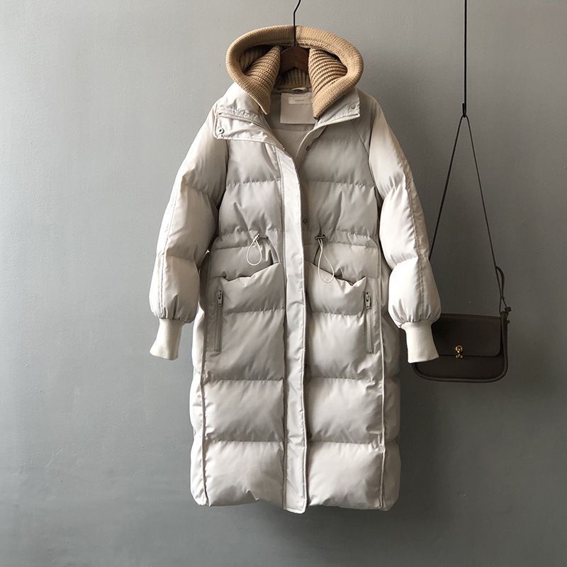Gestrickte Daunenmütze mit Kapuze für Damen im Winter, mittellange neue koreanische Version, lockere und dicke warme Baumwolljacke_voghion.com