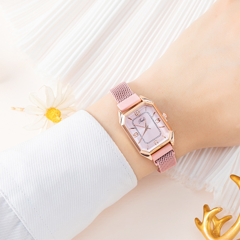 Ceas de damă cu cuarț pătrat, elegant, pentru celebrități de internet, cu cataramă magnetică, la modă, cu curea fină din plasă._voghion.com