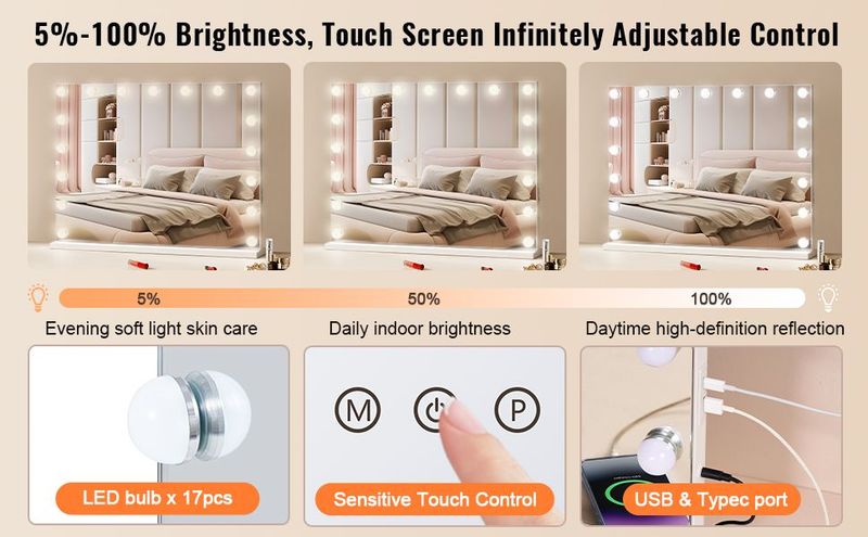 VEVOR Hollywood Vanity Mirror With Lights W/ USB Type C Desktop Wallmount 23.6in_voghion.com