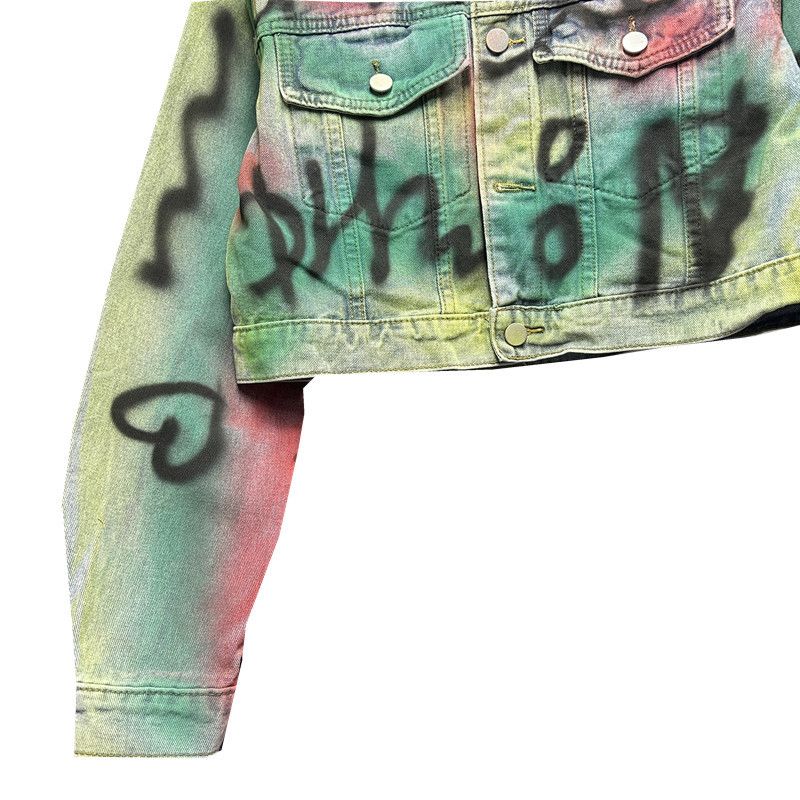 Dammekleeder Kuerz Jeansjackett Fréi Fréijoer Nei Kleng Gréisst Schlank Wueren Handgemoolt Graffiti Design Laangärm Top_voghion.com