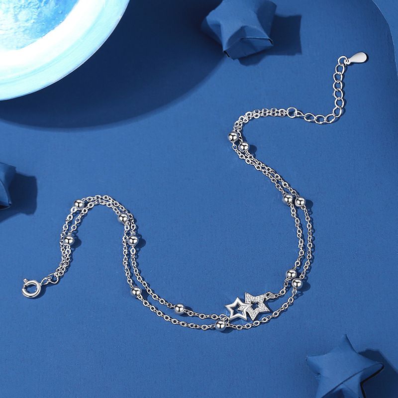 Cavigliera in argento sterling Starlight a doppio strato per donna con micro intarsi a forma di stella, regalo di San Valentino, gioielli per i piedi_voghion.com