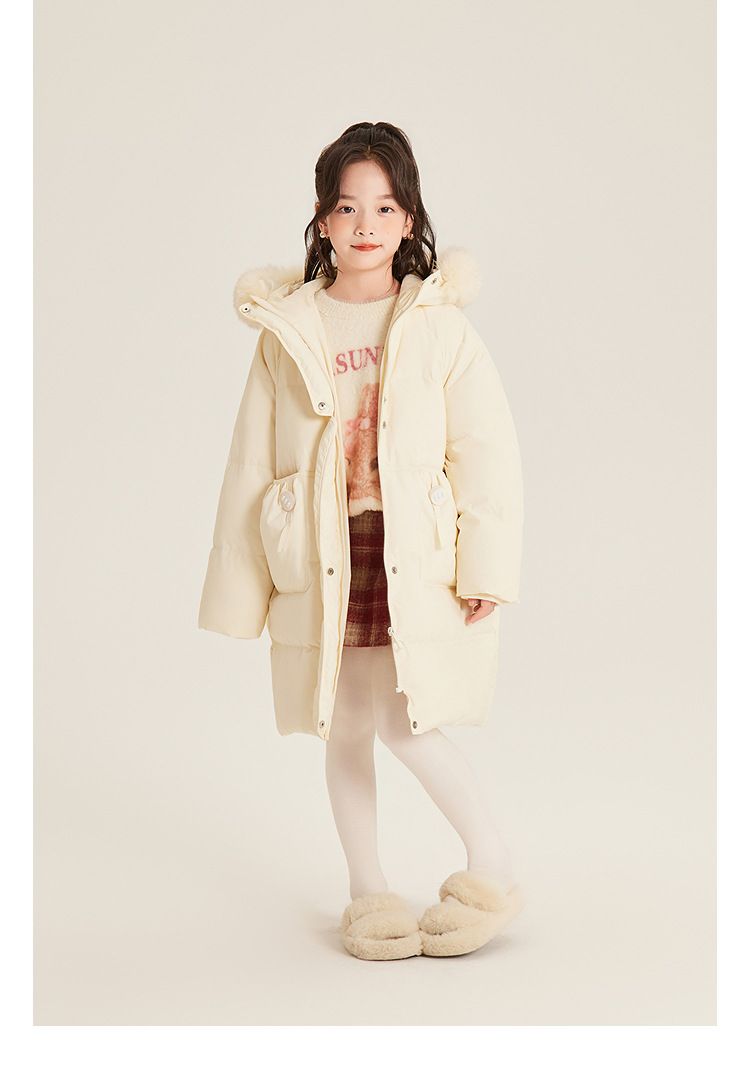 Amybaby Piumino per bambine Inverno 2024 Nuovo stile Piumino di media lunghezza con cappuccio e collo in pelliccia di latte_voghion.com