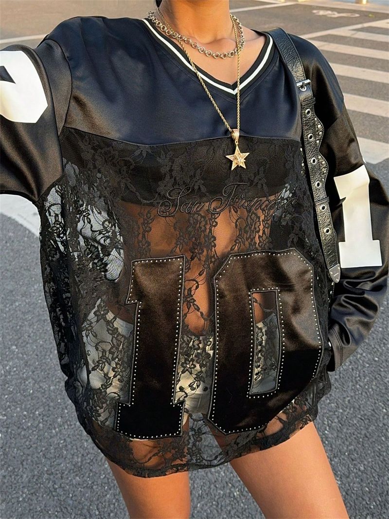 Damenbekleidung Sommer Neue Damenbekleidung Persönlichkeit Trendy Style Bedruckte Spitze Durchsichtiges Sweatshirt mit V-Ausschnitt_voghion.com