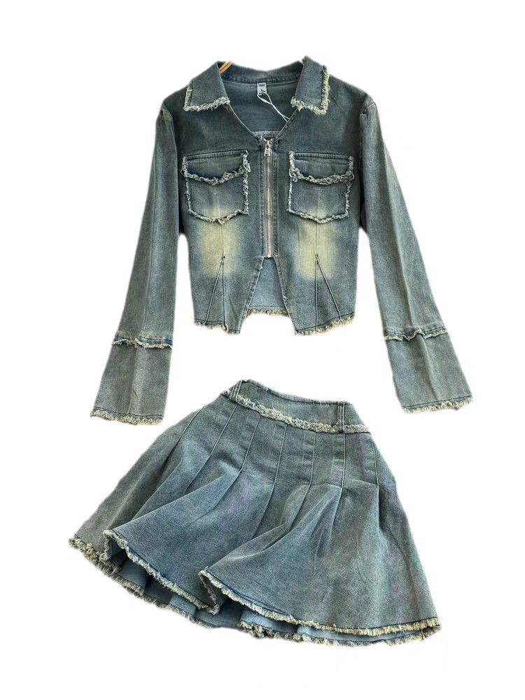 Vêtements pour femmes Costume de mode pour femmes rétro fermeture éclair lavé bord brut denim veste courte deux pièces costume taille haute jupe plissée mince_voghion.com
