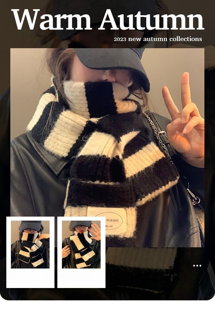 2025 Neuer kontrastierender gestreifter Schal für Damen im Winter, koreanische Version, vielseitiger, einfacher Retro-Strickschal, warmer und kalter Schal, Flut_voghion.com