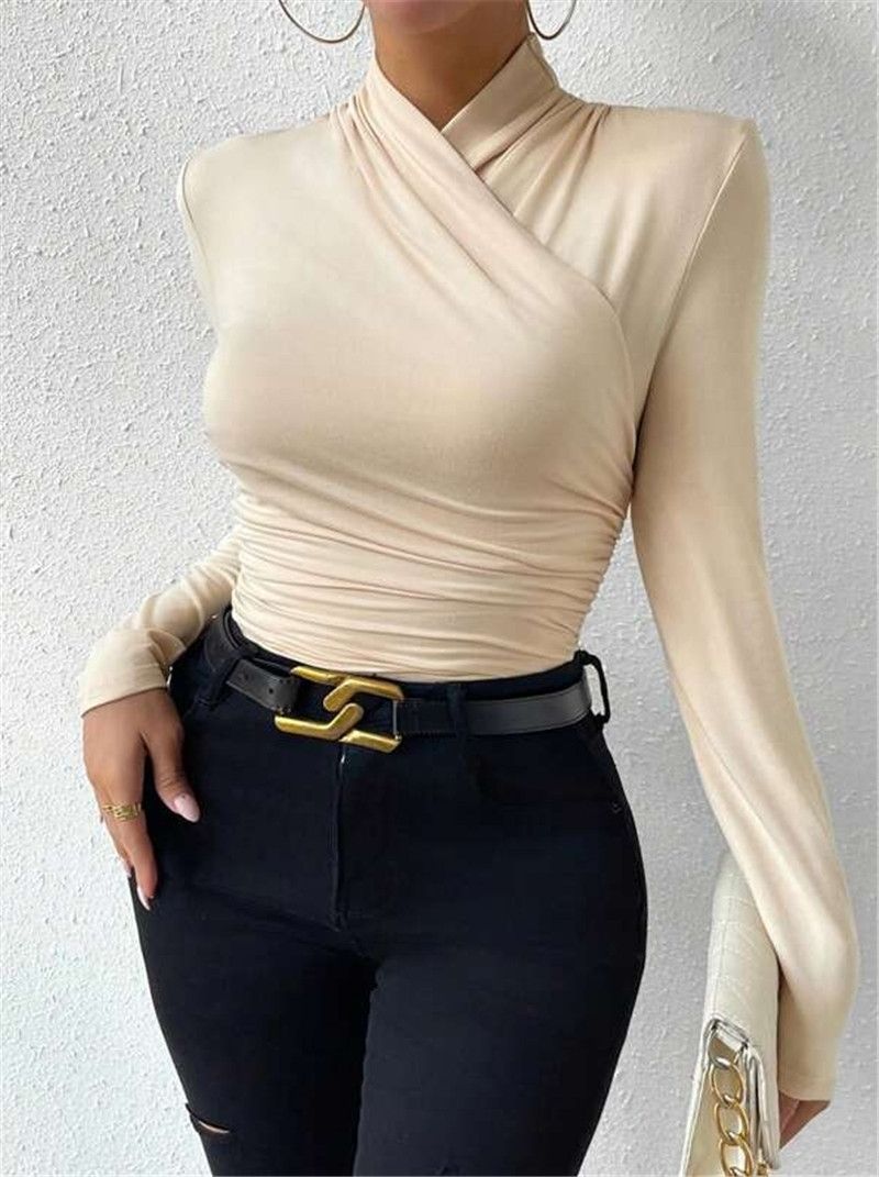Women's Clothing autumn and winter autumn and winter new design cross collar slim fit versatile pleated T shirt_voghion.com