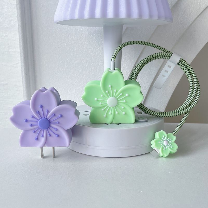 Set di 4 fiori di begonia 3D per iPhone - Cavo di ricarica rapida, cover protettive per la testa del caricabatterie e protezioni per cavi dati_voghion.com