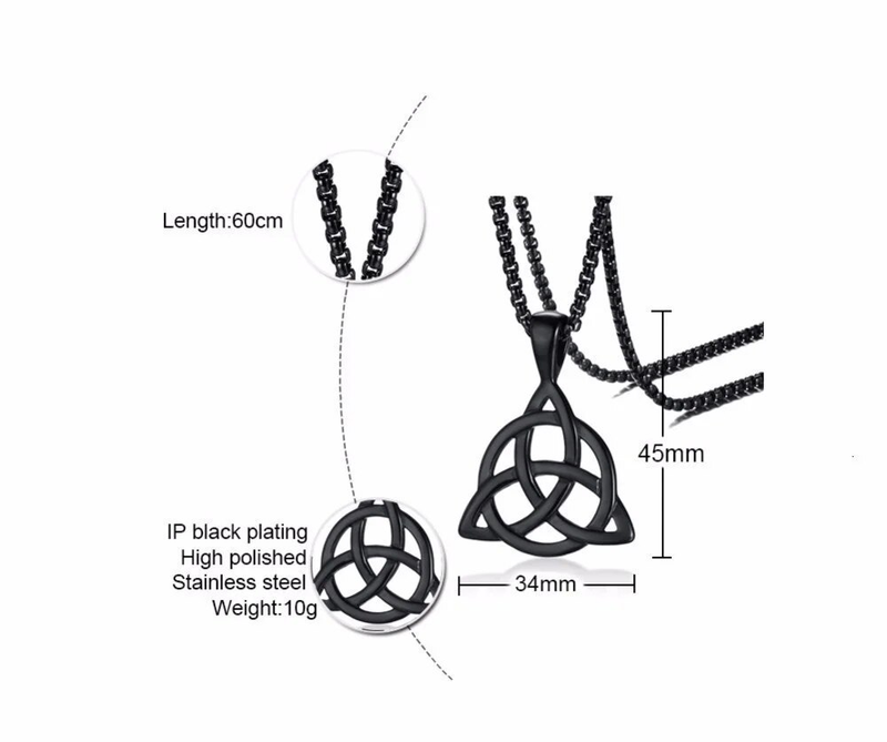 Collana con ciondolo a forma di nodo triquetra irlandese nero da uomo con catena a maglie in acciaio inossidabile_voghion.com