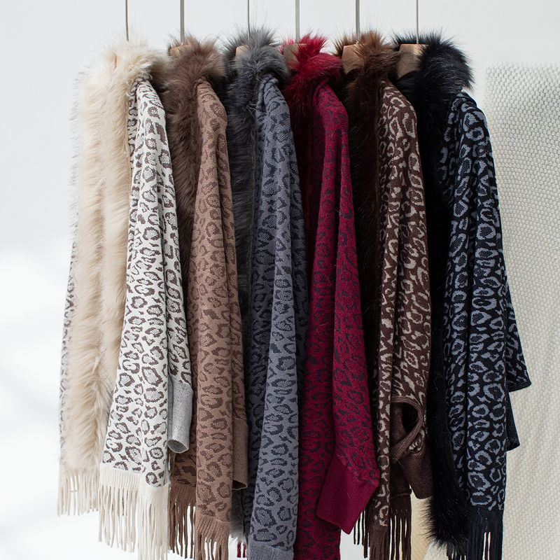 Manteau en tricot à col léopard pour femme, pull ample à manches chauve-souris et bordure croisée, automne/hiver_voghion.com