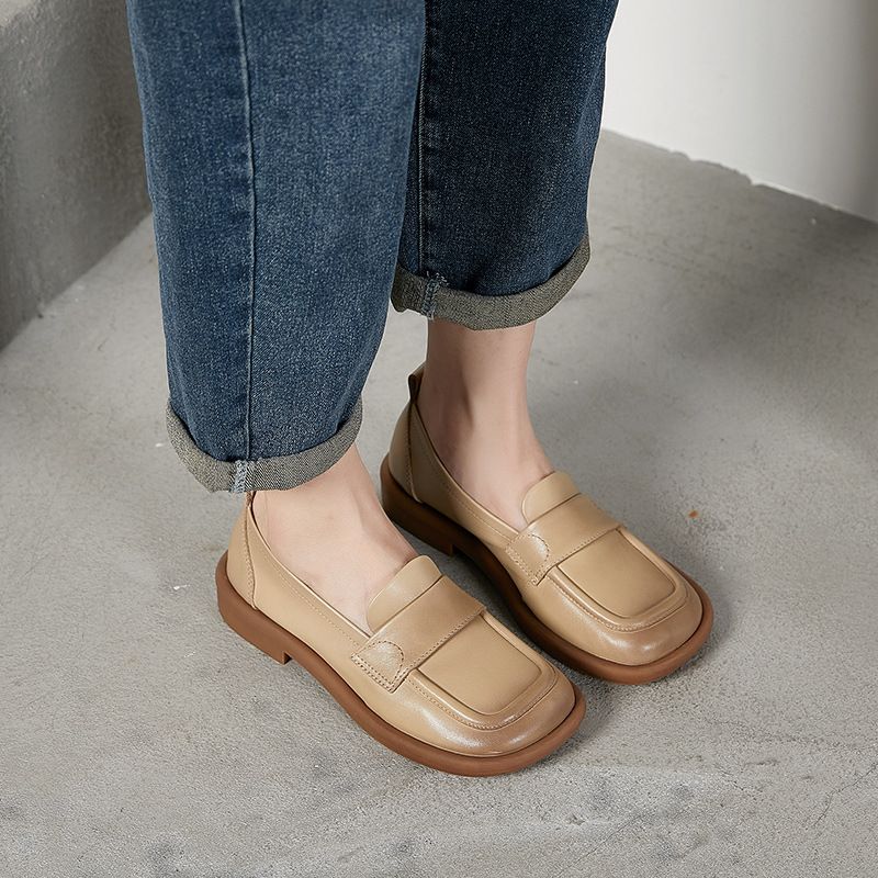 Genuine Leather Loafers For Women British Style Cowhide Slip-On Low Heel Soft Sole Comfortable Commuting Shoes_voghion.com