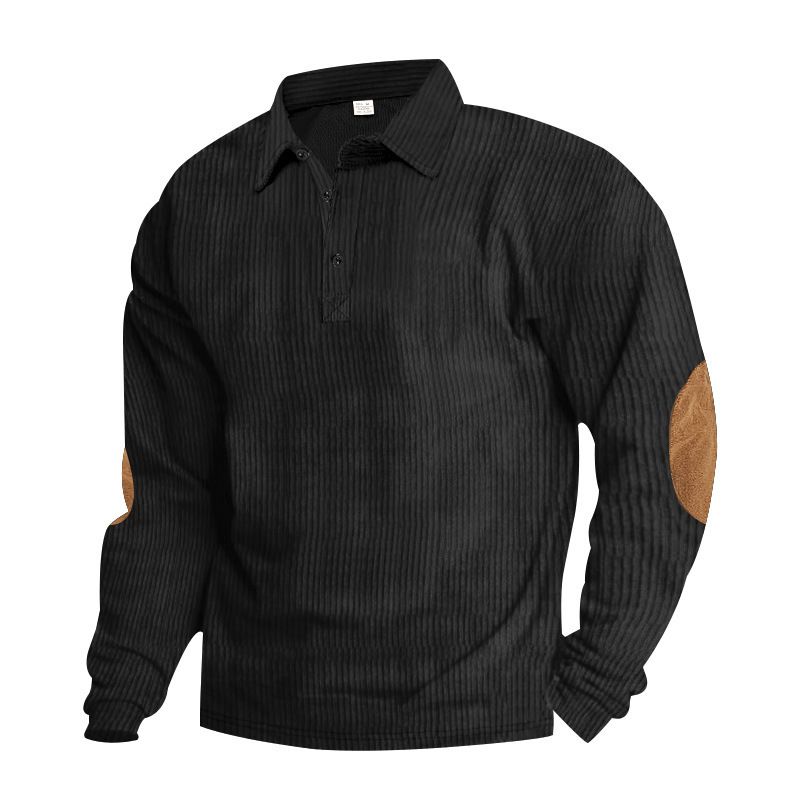 Herren Retro Cord Locker Lässig Revers Langarmhemd Patch Poloshirt_voghion.com