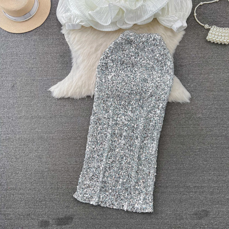 Set moda femminile temperamento socialite femminile lanterna manica lunga scollo a V foglia di loto camicia dal viso luminoso gonna a vita alta con paillettes_voghion.com