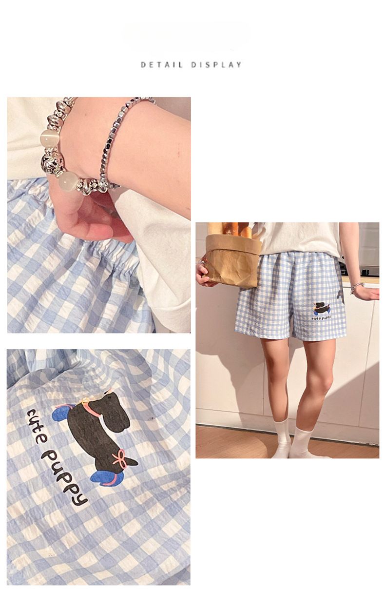 Summer Plaid Simple Pajama Pants Women's Summer Cloud Cotton Thin Beach Shorts Casual Home Pants--L_voghion.com