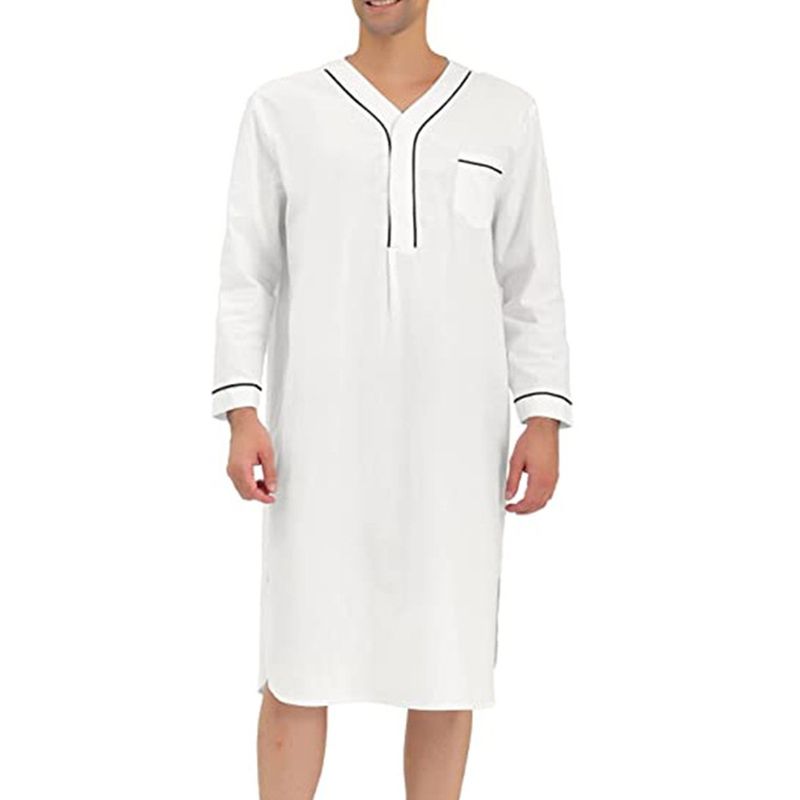 2025 Frühling Muslimischen Mittellangen Lose Feste Pyjamas männer Homewear Nachtwäsche Farbe Block_voghion.com