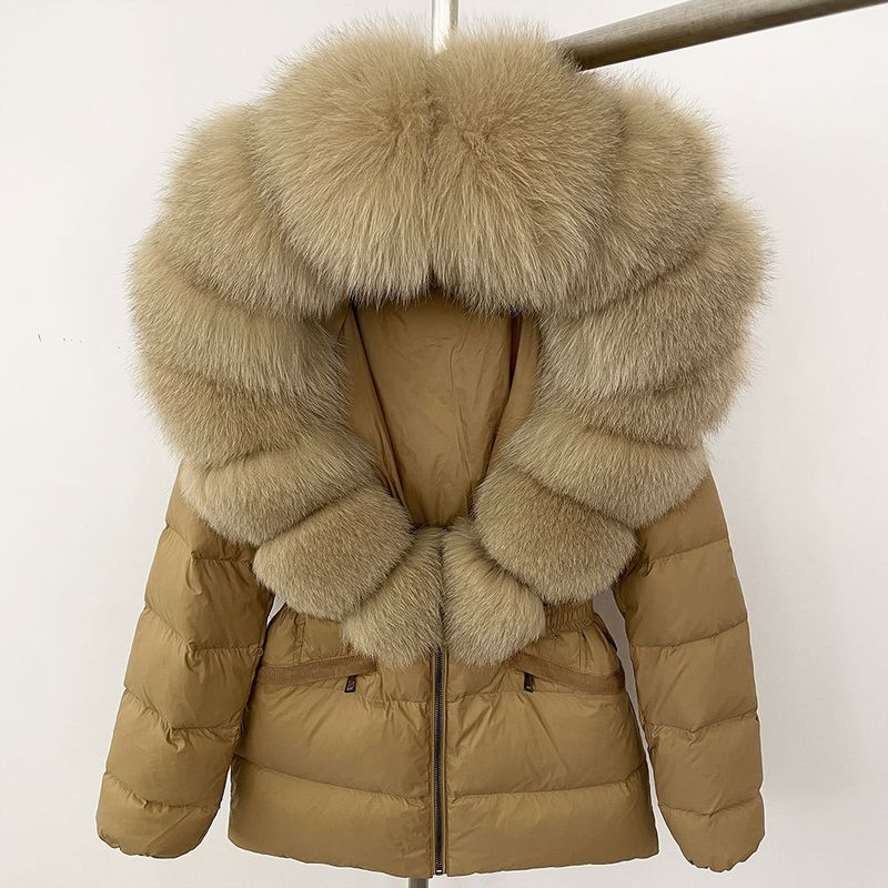 Luxury Faux Fur Trim Hooded Down Jacket For Women, Slim Fit Waist Belt, Warm Winter Coat With Detachable Fox Fur Collar, Polyester Shell_voghion.com