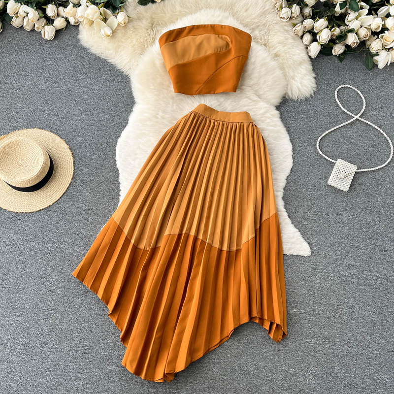 Women's Summer Contrasting Color Tube Top, Irregular Pleated Skirt, Trendy_voghion.com