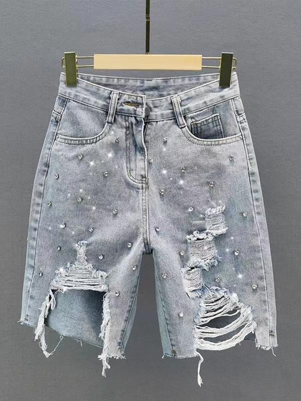 Dameskleding gescheurde denim jeans hoge taille slanke zware losse slanke vijfpunts jeans_voghion.com
