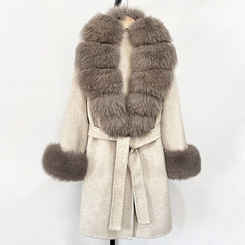 Women's Long Wool & Cashmere Coat With Real Fox Fur Collar - Double-Faced Winter Trench Coat, Slim Fit Belted Dressy Outerwear, Elegant Overcoat (S/M)_voghion.com