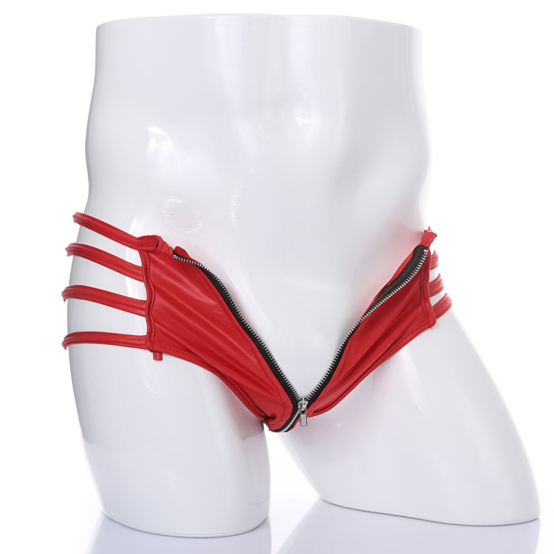 CLEVER-MENMODE Ropa interior sexi para hombre, Tanga de piel sintética de PU, vendaje BDSM, calzoncillos con cremallera, suspensorio, lencería erótica_voghion.com