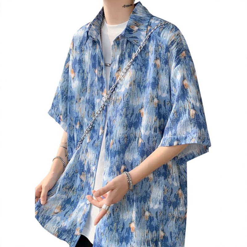 Camicia a maniche corte con effetto tie-dye Dopamine per uomo, design vintage estivo, camicia floreale, giacca in seta ghiacciata_voghion.com