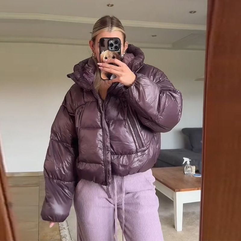 Women's Winter Puffer Jacket - Zip Front Quilted Coat With Adjustable Waist New Shirt Burgundy Zipper Waist Cotton Jacket Cotton Jacket_voghion.com