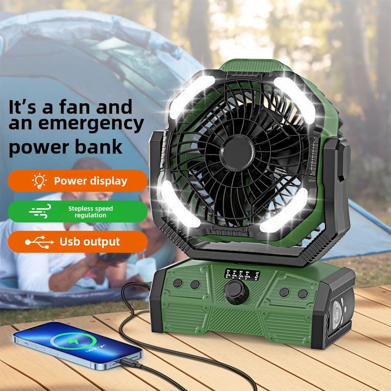 Ventilador externo USB portátil com regulagem de velocidade contínua e carregamento de vento, ventilador de acampamento, iluminação para barraca de pesca_voghion.com