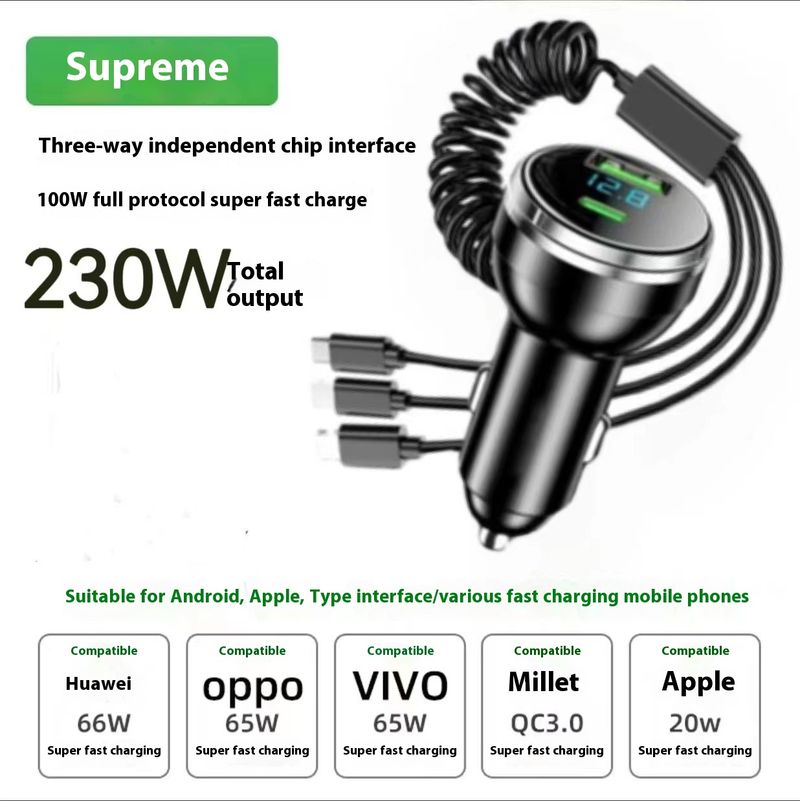 Nov digitalni avtomobilski polnilec z enim do tremi kabli 100W super hitro polnjenje_voghion.com