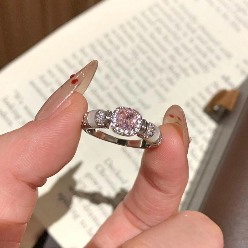 Anello aperto di lusso leggero di alta qualità con design di nicchia in zircone vintage e zolletta di zucchero rosa_voghion.com