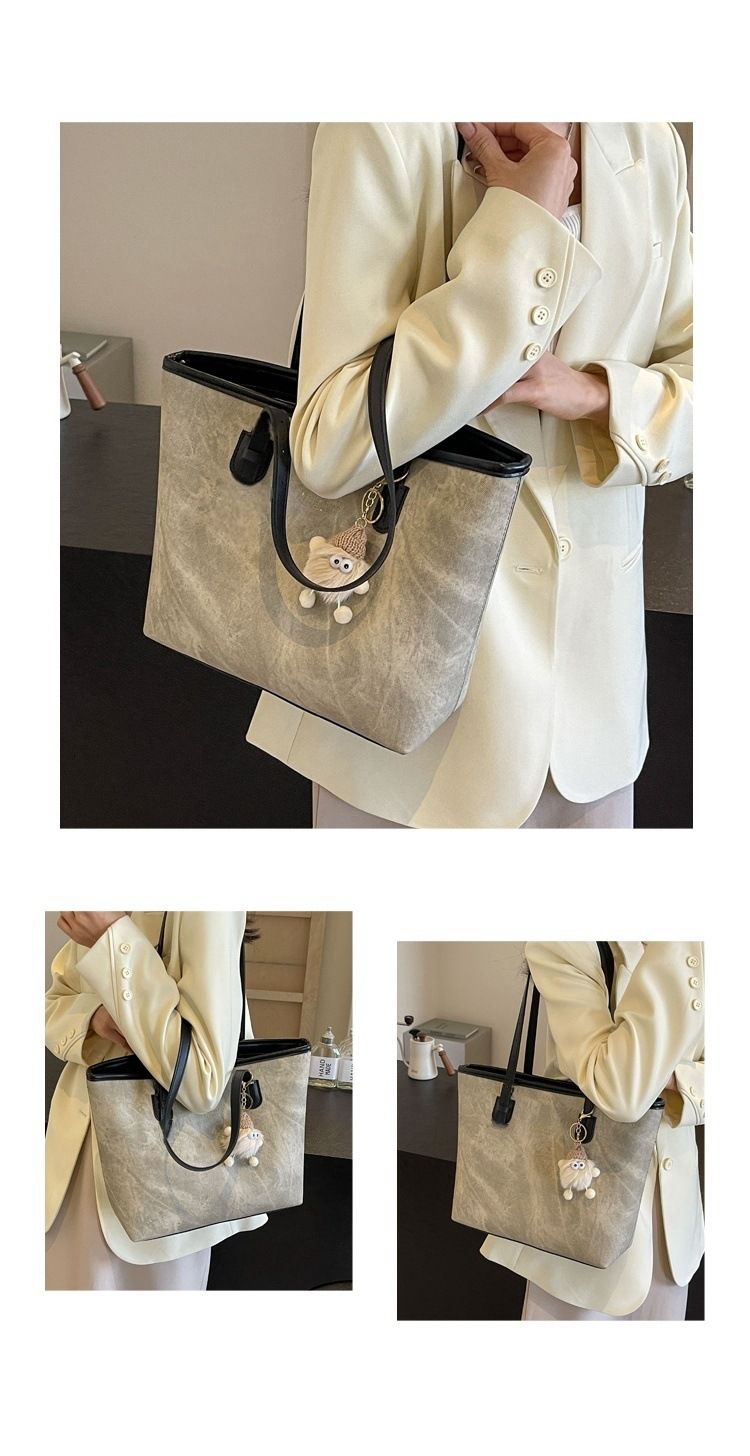 Trendy Oversized Tote Bag For Women - PU Leather Shoulder Bag With Gold Foil Print, Spacious XL College Book Bag For Daily Commute & Casual Outings_voghion.com