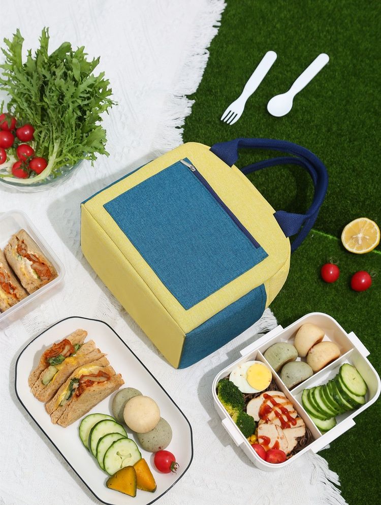 Bolsa Bento Color Blocked Bolsa Isolada Lancheira Catiônica Bolsa de Mão com Folha de Arroz Lancheira Impermeável Espessada Bolsa de Almoço_voghion.com