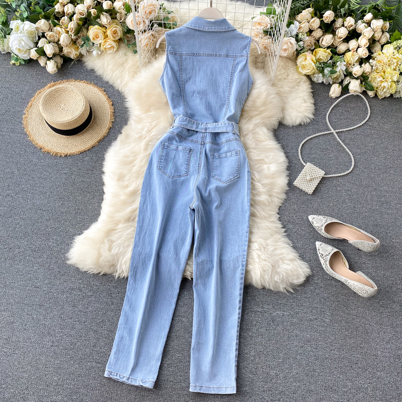 Ins Women's Retro Breasted Lace-up Waist Slimming Straight Wide-leg Pants Denim Jumpsuit For Women_voghion.com
