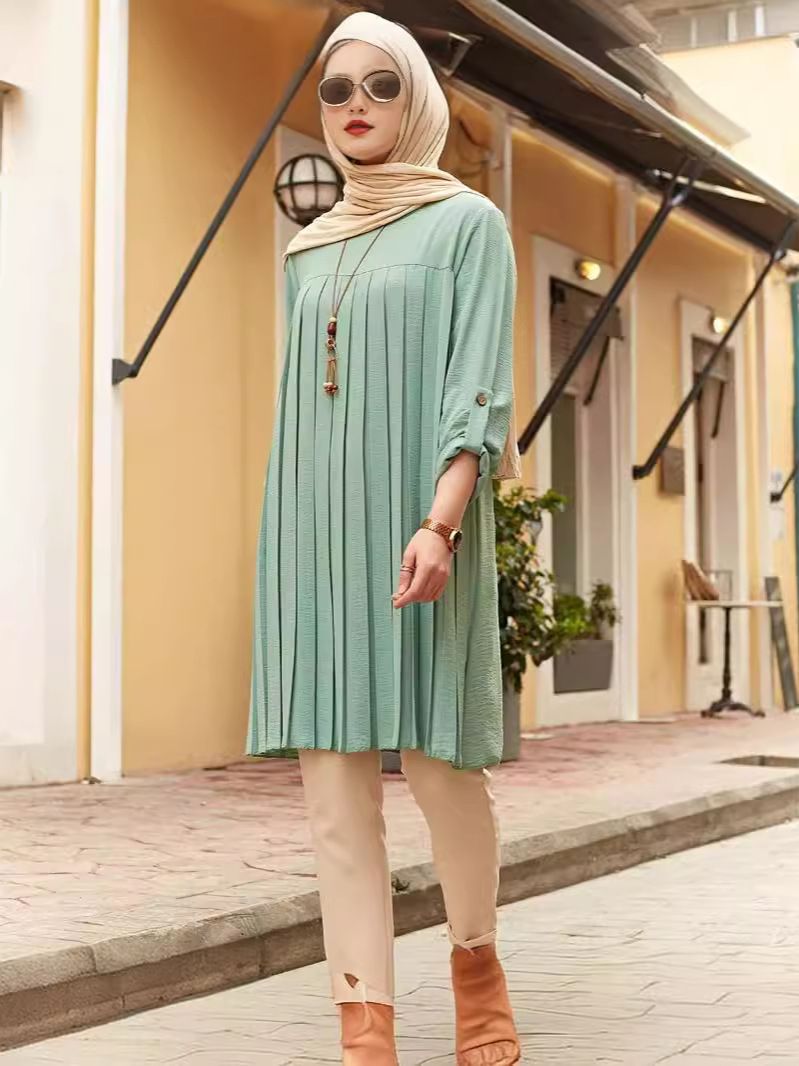 Ropa de mujer, ropa informal, blusas plisadas, sueltas, de manga larga, con cuello redondo y tallas grandes_voghion.com