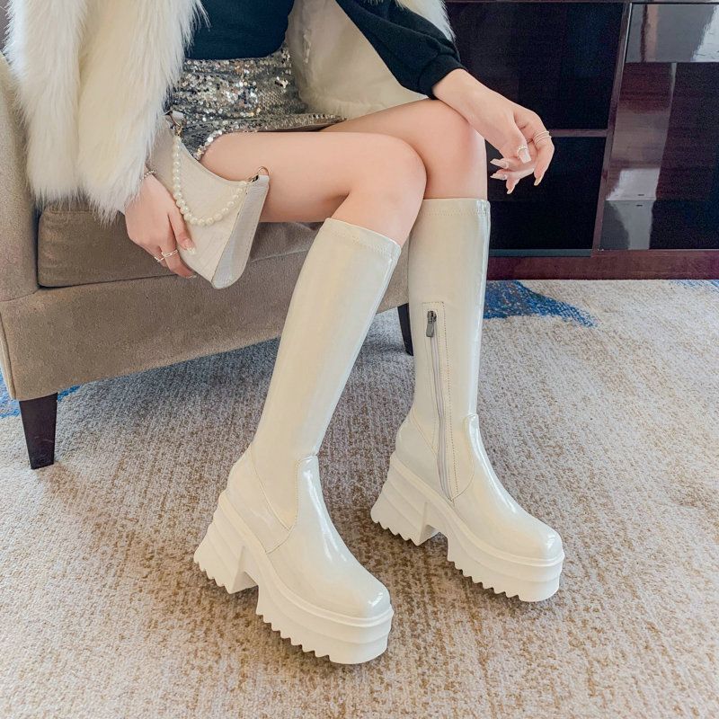 Elastic Slim Square Toe Platform Thick Sole Chunky Heel Side Zipper Over-the-Knee Long Patent Leather Red High Boots_voghion.com