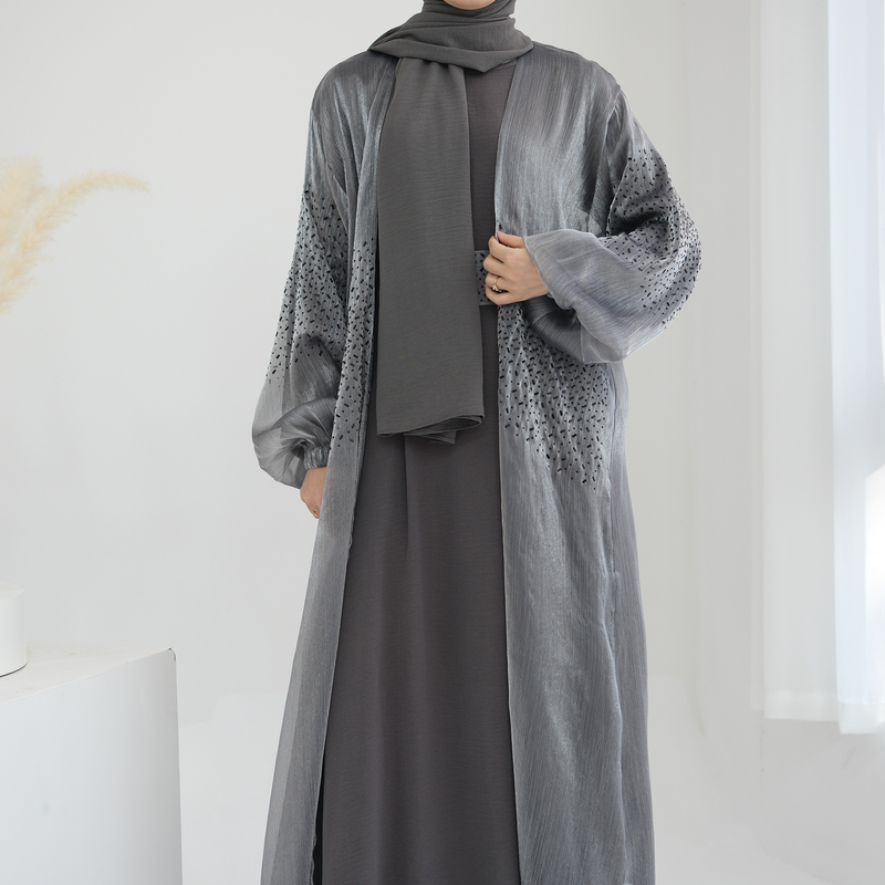 Women’s Clothing Muslim Fashion Dubai Daily Solid Color Puff Sleeve Sleeve Robe Cardigan_voghion.com