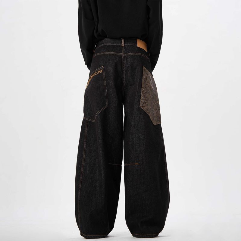 Year Of The Limited Edition Curved Knife Python Black Jeans For Men And Women, American High Street Hiphop Handsome Wide_voghion.com