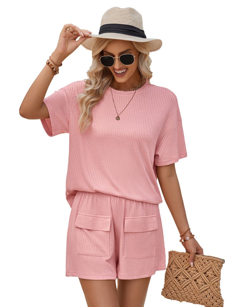 women's clothing casual style loose round neck solid color short-sleeved tops and shorts suits_voghion.com