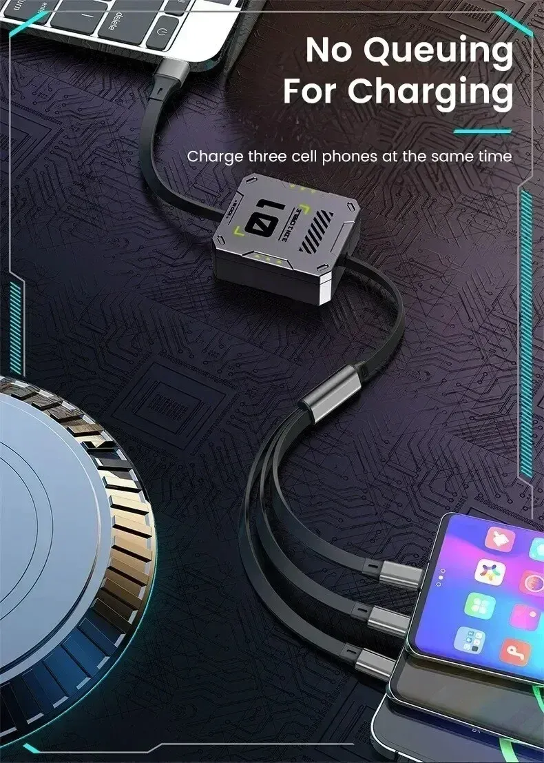 Câble de données USB Type C rétractable universel 3 en 1 de 100 W pour iPhone, Samsung, Huawei, Xiaomi et Android, charge rapide micro USB._voghion.com